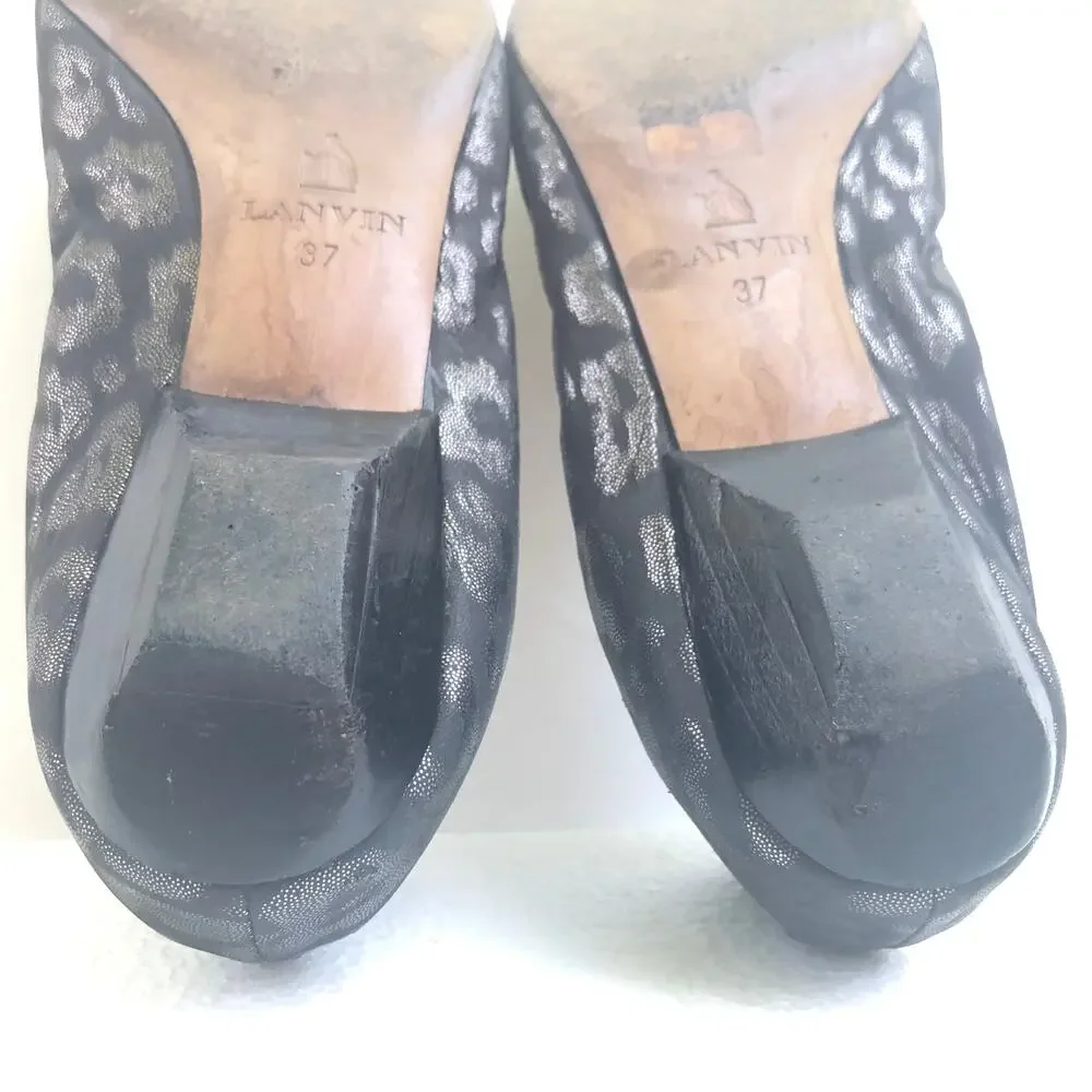 Lanvin Paris Shoes Kitten Heel Points Leopard Pattern Grey Silver Black 37
